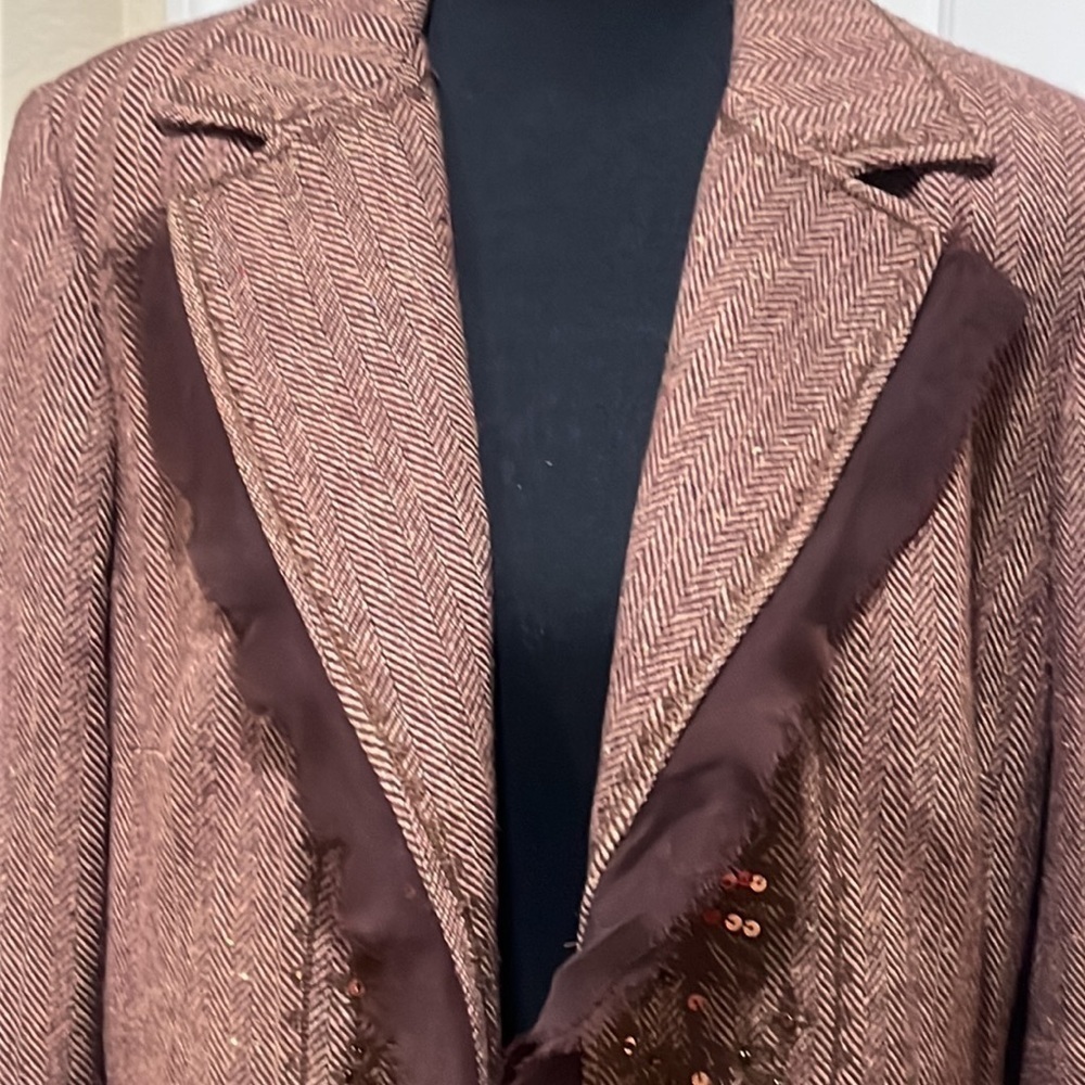 FOCUS 2000 WOOL BLEND EMBROIDERED AND BEADED TWEED BROWN WOMENS JACKET SIZE12 - Picture 7 of 11